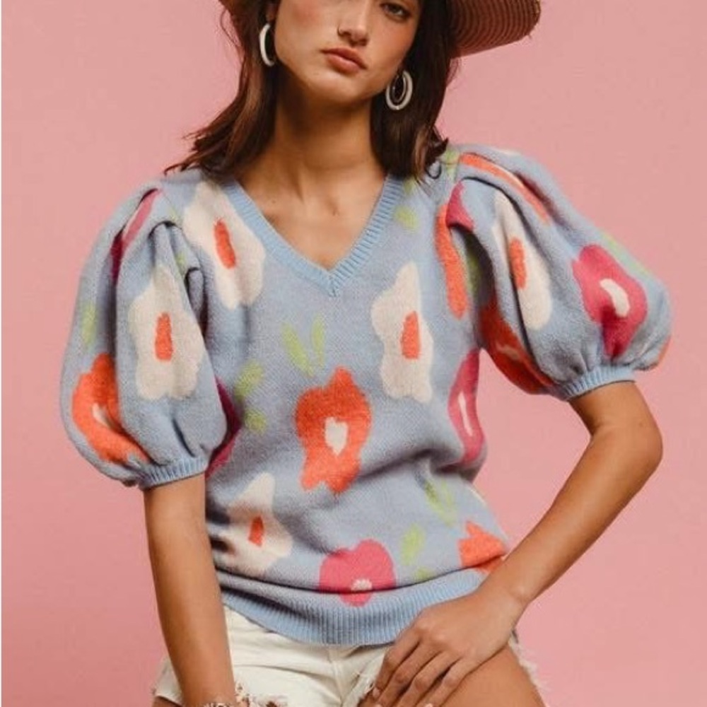 Floral Puff Sleeve Sweater - beautiful coral, pink & cream flowers